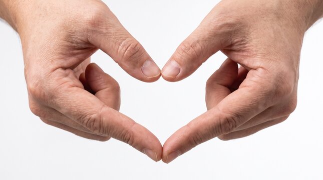 Two hands positioned to create a heart shape, illustrating the concept of love and affection, highlighted by a clean white background.