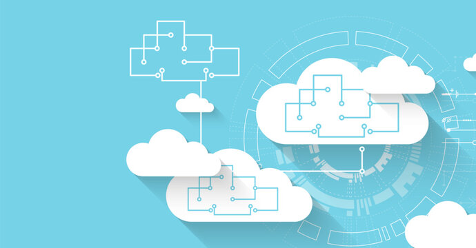 Cloud computing and data storage network concept with abstract circuit diagrams. Vector illustration