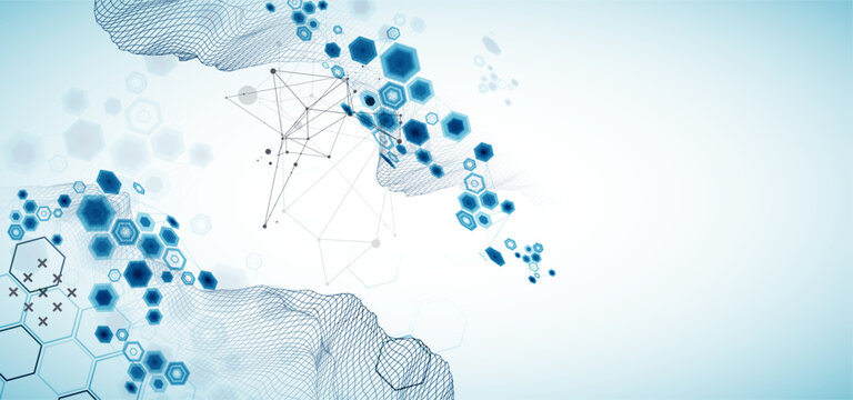 Abstract science background with hexagons and wireframe mountains. Vector art  illustration.