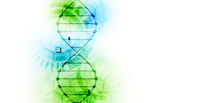 Abstract biotechnology background with a green and blue DNA double helix molecule and hexagonal patterns on a white background.
