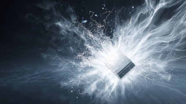 Electric Vehicles Battery Technology, a dynamic shot of pure white light (representing the breakthrough) shattering a barrier 