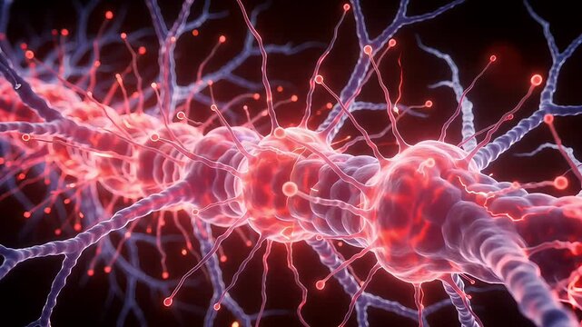 Neuron axon firing electrical impulses with glowing red signals
