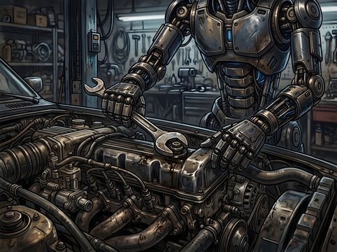 Futuristic Android Robot Fixing Automobile Engine in Workshop