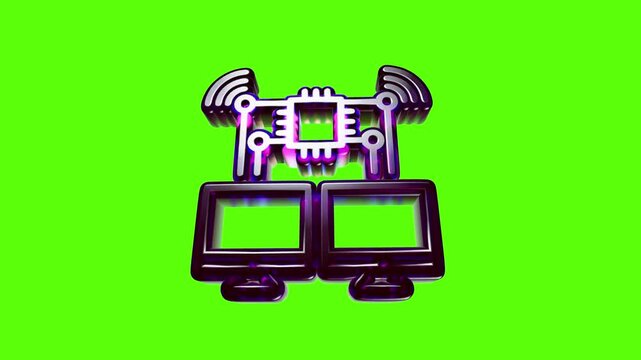 Metallic 3d icon showing two computer monitors connected to a central digital chip with wifi symbols