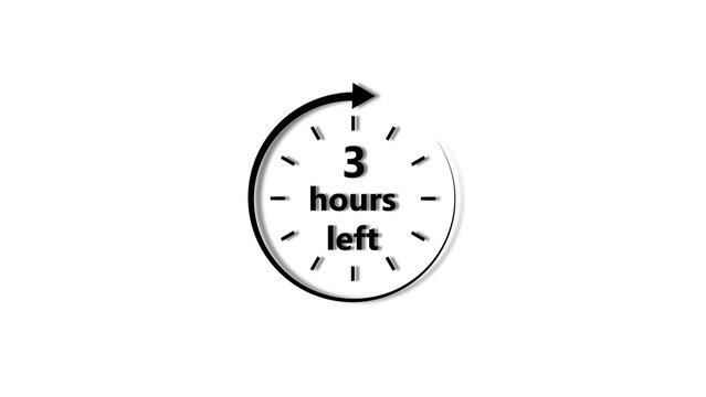 Clock 3 hour's icon black color 4k illustration. 3 hour countdown timer white background 4k illustration.