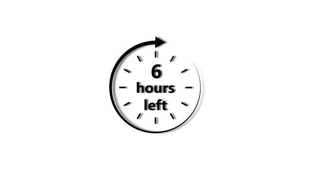 Clock 6 hour's icon black color 4k illustration. 6 hour countdown timer white background 4k illustration.