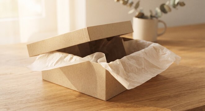 Open cardboard box with white tissue paper inside sitting on a wooden table in a bright room setting