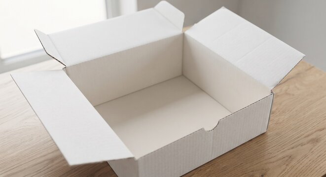 Open white cardboard box placed on a light wooden table surface, view of empty shipping container