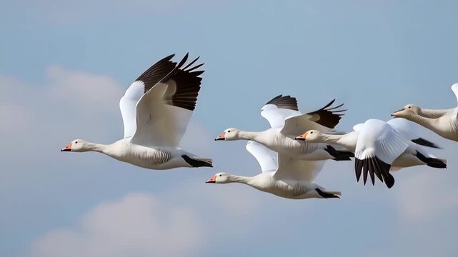 Flock of white geese flying in formation across a cloudy blue sky