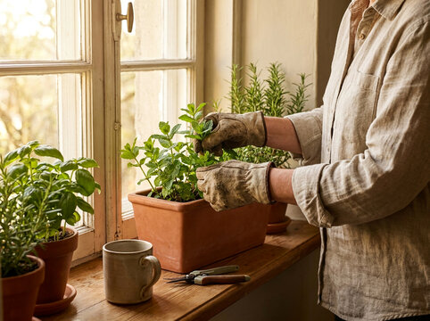 Cozy home gardening scene with woman potting fresh herbs, rustic terracotta containers, wooden windowsill, natural warm abstract background