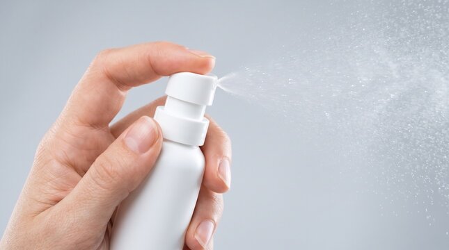 Hand pressing white nasal spray bottle releasing mist, highlighting allergy relief, medical treatment, and cold care