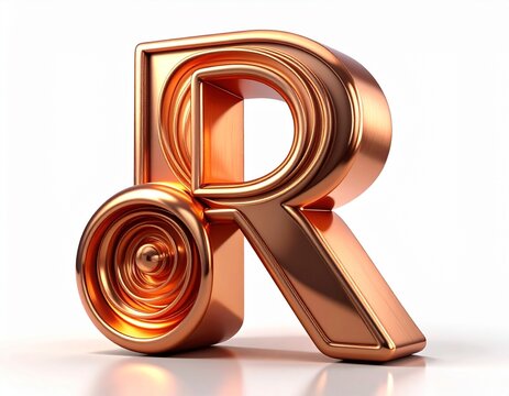 3D metallic copper letter R with swirling fluid texture, reflective rose gold finish, isolated on white background.
