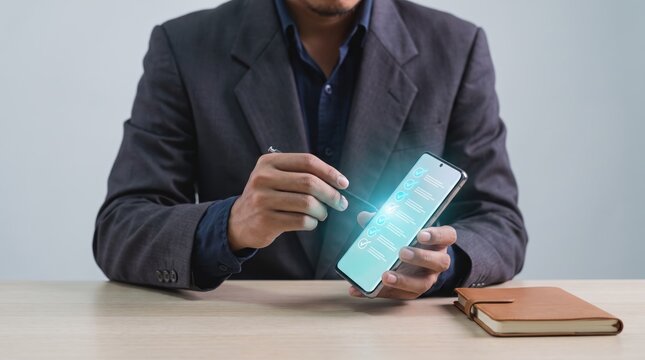Businessman in suit holding smartphone with futuristic holographic interface projection, augmented reality data visualization, corporate strategy planning tool, advanced mobile