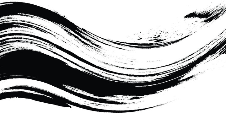 Black ink brush stroke wave, textured grunge paint swash on white background