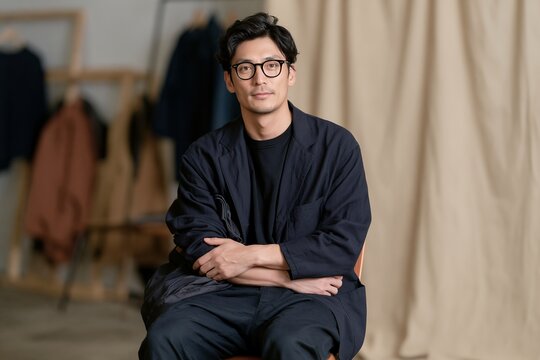 日本のファッション業界で働く男性が腕組みをして座る知的なポートレート