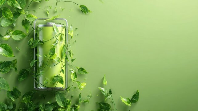 Electric Vehicles Battery Technology, a nature and tech fusion visual: a battery cell with leaves and vines growing healthily around its casing, powered by clean energy. Green, organic, optimistic. 
