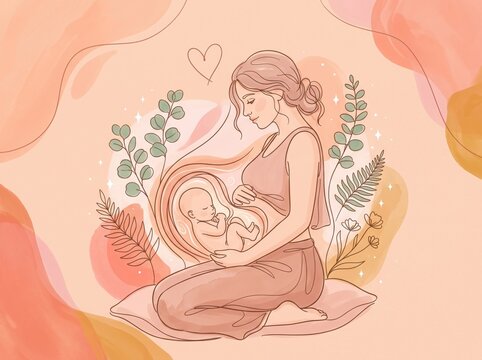 Warm illustration of pregnant mother embracing her belly and dreaming of her baby surrounded by nature motifs