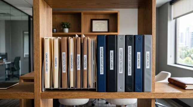 Organized legal case files and regulatory compliance binders arranged on wooden bookshelf in law firm office, representing corporate documentation, litigation records