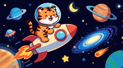 Naklejka premium Cute cartoon tiger astronaut rides fast rocket through outer space. Playful orange animal explores galaxy with colorful planets, shining stars, swirling nebula. Fun cosmic adventure scene features