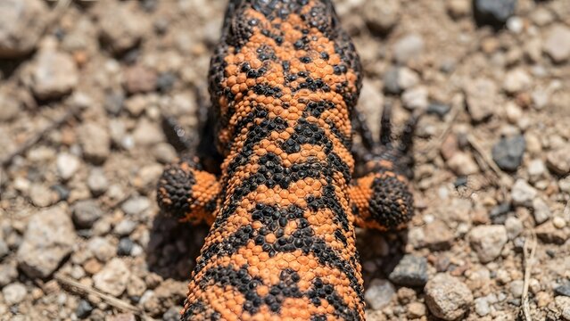 Close-up of a Gila monster with vibrant orange and black scales on dry, rocky ground