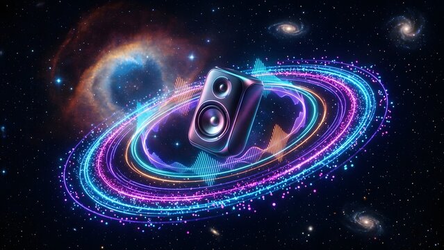 Futuristic speaker emitting colorful sound waves and light particles in a galaxy, concept of cosmic music and technology