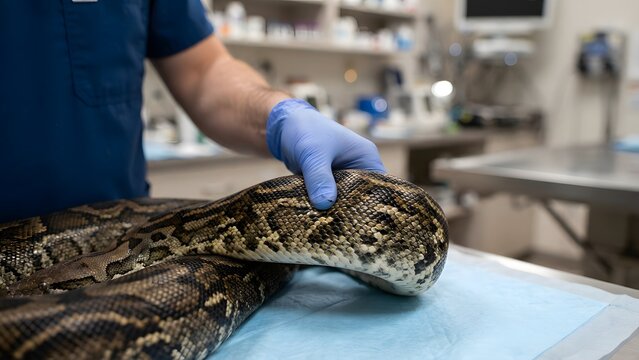 Veterinary examination of a large python snake by a gloved hand, modern clinic setting