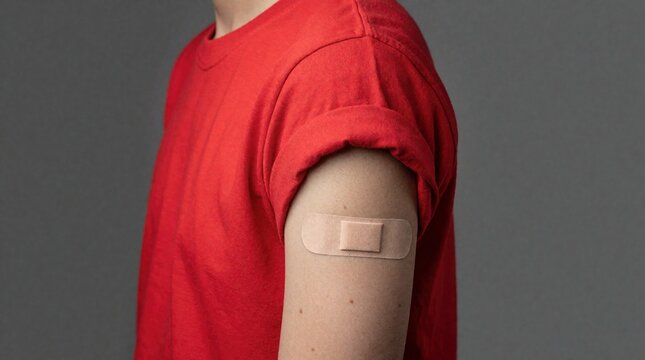 Person wears red shirt showing arm with adhesive bandage after injection. This signifies protection and recovery from medical treatment. Health and wellness concept.