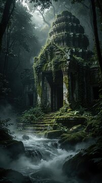 Ancient stone temple complex in dark forest. Overgrown ruins with moss and ivy sit beside a rushing stream. Mystical atmosphere in forgotten jungle sanctuary.