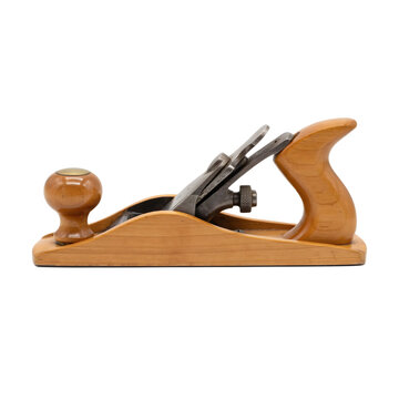 A side profile view of a traditional wooden hand plane for woodworking, featuring a light brown wooden body and a metal blade mechanism