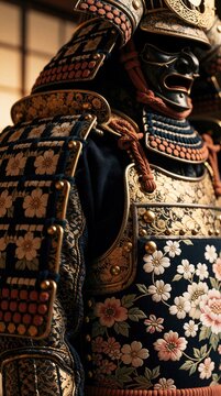 Detailed close-up view of traditional Japanese samurai armor, featuring elaborate floral embroidery, golden metalwork. Ornate warrior suit shows intricate patterns, fine craftsmanship from feudal