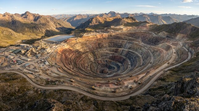 Aerial view of a massive openpit mining operation in a mountainous region, showing deep excavation, haul trucks on winding roads, and industrial infrastructure
