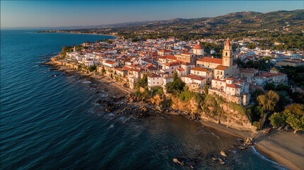 Fototapeta premium terracotta. Aerial view of a coastal town with terracotta rooftops and blue sea under a warm sunset glow. inspiring travel planning, travel magazines, designed for travel destination branding.