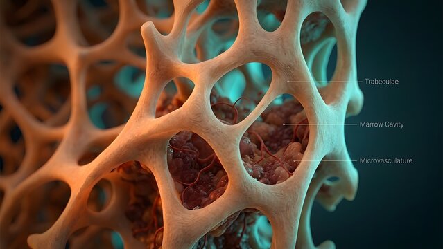 Close-up of trabecular bone structure showing marrow cavity and microvasculature in detail