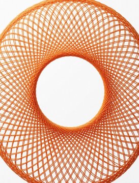 Abstract orange circular pattern made of intertwined threads. Woven geometric ring shape creates symmetrical mesh texture on white background. Creative macro design features concentric loops, radial