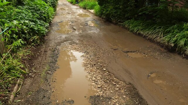 Rural country road with muddy puddles after rain