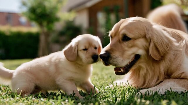 Golden retriever mother cuddling her adorable puppy together on green grass, loving family dogs relaxing outdoors in a heartwarming scene of affection, care and companionship