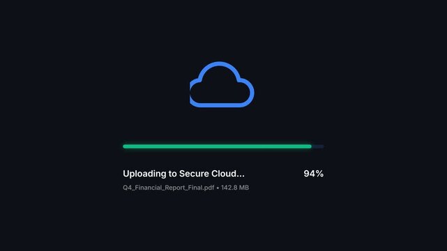 Cloud uploading process, dynamic progress bar animation with blue cloud icon and green progress indicator, seamless loop, symbolizing data transfer and online storage