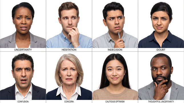 Diverse multi-ethnic group of people showing various facial expressions of uncertainty and doubt