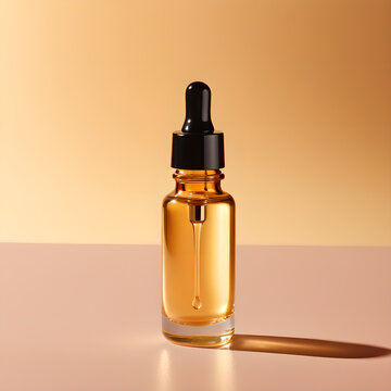 Glass skincare dropper bottle with a drop of serum falling