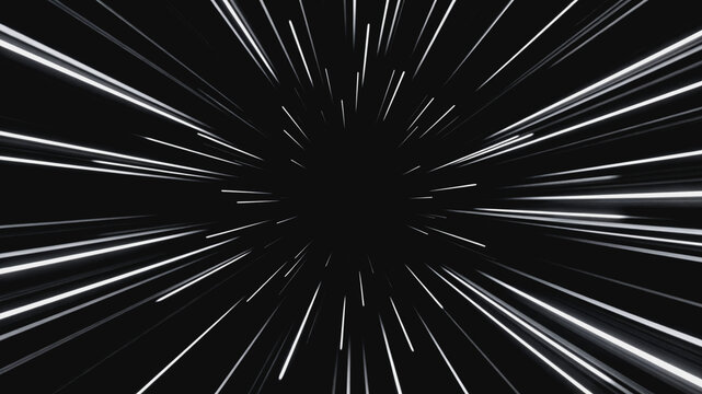 Abstract dynamic radial light streaks extending from a dark central void, conveying a sense of high speed and motion through space.