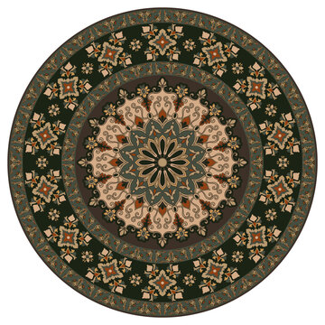 Circular rug featuring a mandala floral pattern textile design element for home decor.