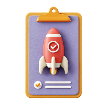 3D clipboard icon with rocket launch symbol