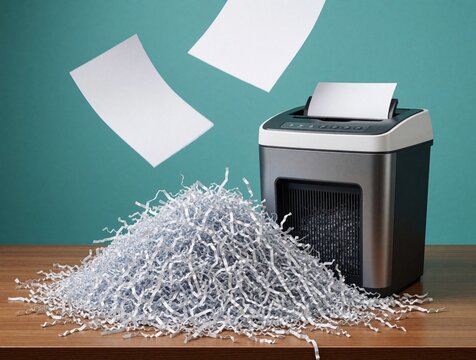 Paper shredder with shredded paper pile and flying sheets. Office equipment processes documents, destroying sensitive info. Cleanup and disposal for secure data.