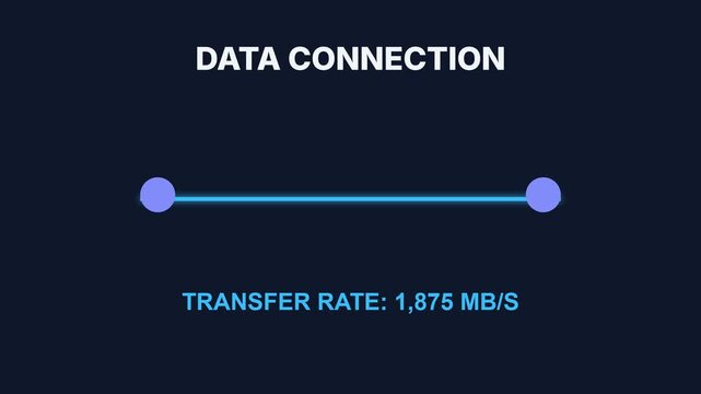 Data connection, dynamic transfer rate display with increasing speed from 0 to 2500 MB/S, seamless loop animation, symbolizing data transfer and digital communication