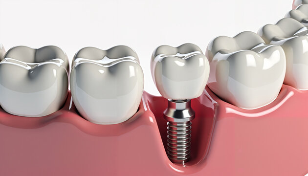 Dental implant placement in human gum with surrounding teeth  