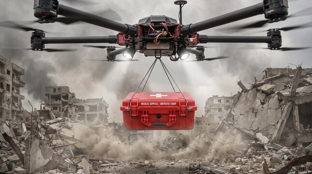 Medical Supply Delivery Drone Flying Over Destroyed City War Zone