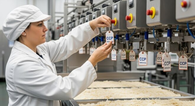 Worker attaches CCP quality control tag to food production line equipment