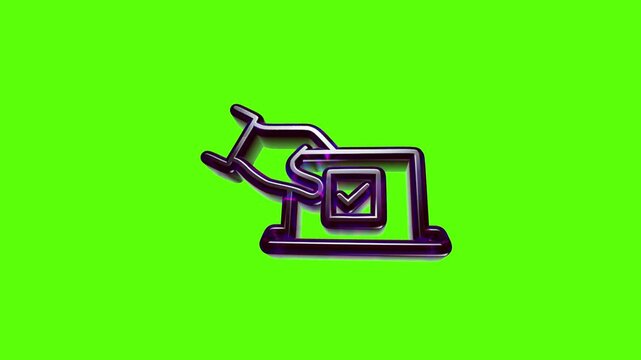 Purple 3d icon of a hand casting a vote in a ballot box isolated on a bright green background