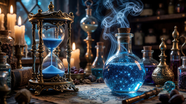Alchemist dark room setting features glowing blue potion bottle and ornate hourglass on old table. Mysterious arcane experiment suggests magic study and forgotten lore.