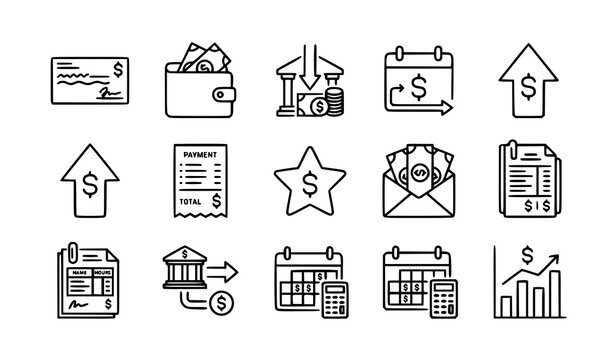 Income and salary outline icon set with paycheck payroll bonus earnings and money management symbols
